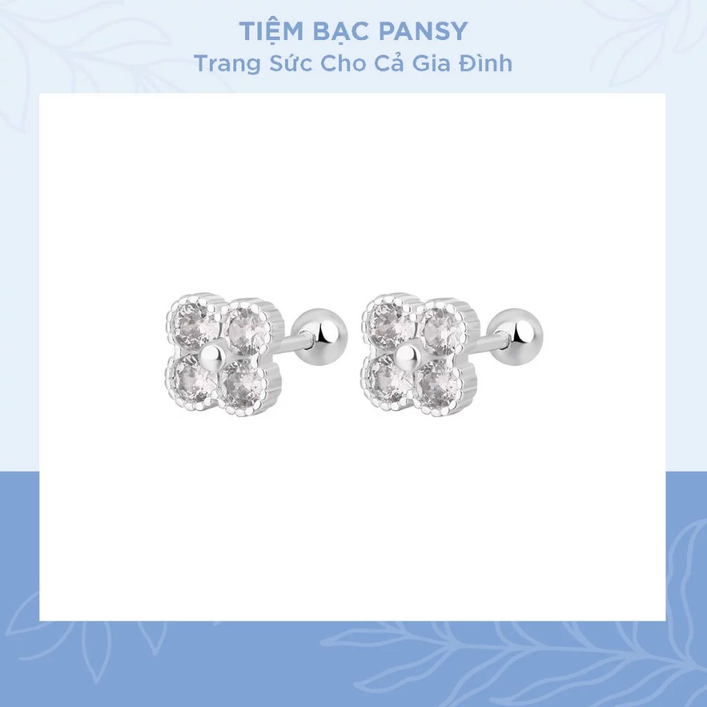 Khuyên tai bạc nữ PANSY cỏ 4 lá chốt ren cá tính - Bông tai nữ bạc ta cao cấp