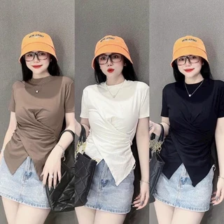 Áo thun, áo cộc tay nữ trơn kiểu dáng basic vạt nhún siêu hot chất cotton mềm mịn thấm hút mồ hôi tốt