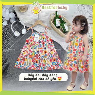 Váy bé gái, Váy hai dây họa tiết xinh xắn chất thô lụa mềm mát cho bé gái 10-22kg