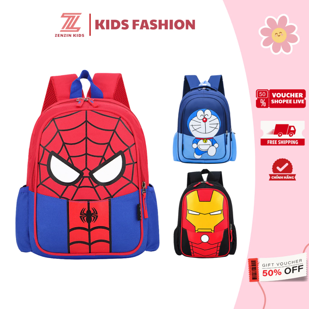 Balo cho bé từ 1-5 tuổi ZENZIN KIDS đi học mẫu giáo in hình siêu nhân nhện, người sắt, cặp đi học cho bé trai mầm non