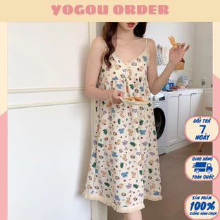 [NewArrivals] Đầm ngủ đũi Ulzzang 6 màu thiết kế hai dây sẵn mút ngực hoạ tiết hoạt hình dễ thương-Yogou Order