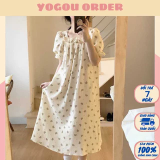 Váy ngủ Ulzzang cộc tay hoạ tiết gấu nâu chất liệu Cotton nhăn- Yogou Order