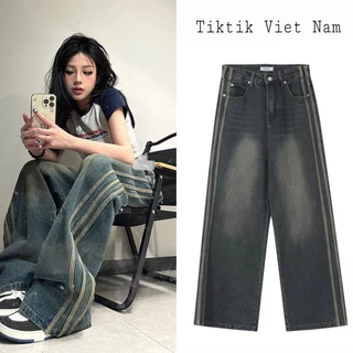 Quần jeans ống rộng cạp trễ có đường kẻ sọc chạy dọc quần màu retro phong cách đường phố - Tiktik