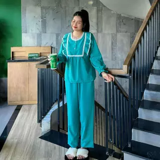 Bộ đồ Pijama nữ tay dài quần dài P44 cổ bèo phối ren xinh xắn