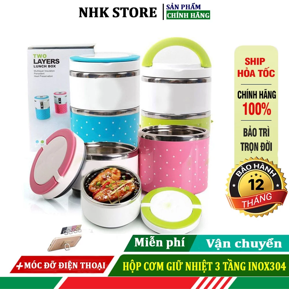 Hộp đựng cơm 3 tầng, Hợp Cơm giữ nhiệt 1500ml inox304 2 lớp nhựa abs hỗ trợ giữ nhiệt Cả Ngày - Bảo Hành 12 Tháng !