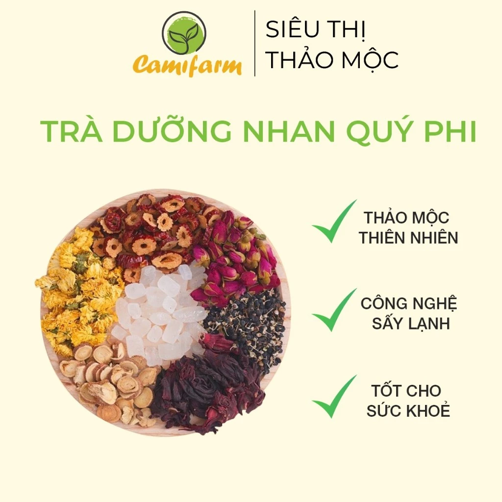 Trà dưỡng nhan Quý phi 6 vị Siêu thị thảo mộc Camifarm (Gồm: Táo đỏ, Atiso, Hoa Cúc, Cam Thảo lát, Hoa Hồng, Hắc Kỷ Tử)/