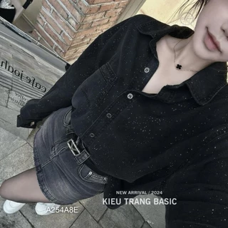 Áo sơ mi jean nữ đắp túi ngực ,áo sơmi bò đính nhũ bling bling form rộng màu đen Ulzzang hàn quốc