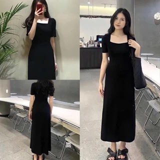 Váy body thun dáng dài cổ vuông màu đen trơn, Đầm suông ngắn tay chất cotton mát mịn dáng dài xòe chữ A tôn dáng ulzzang