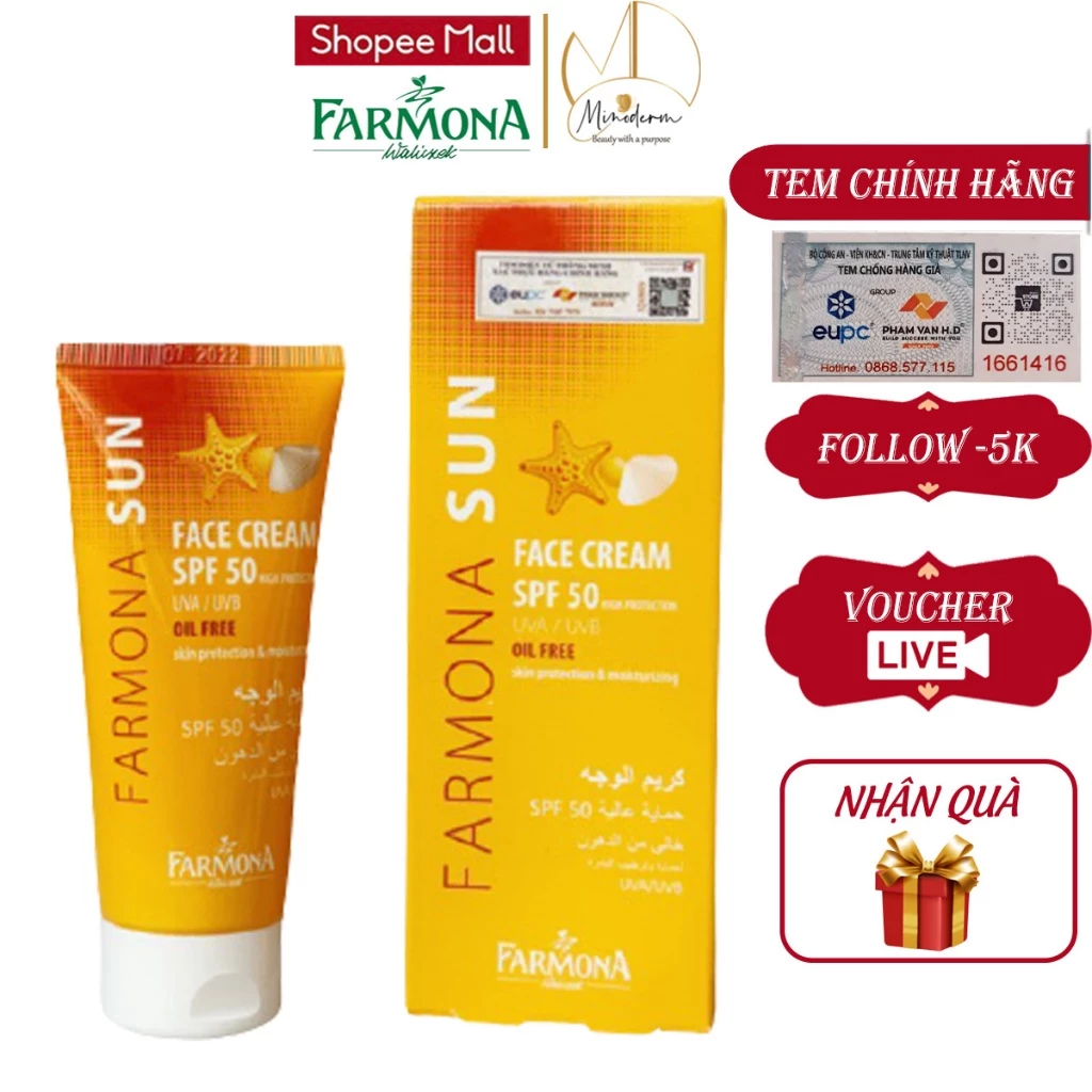 Kem chống nắng Farmona sun face cream oil free Spf 50 không bóng nhờn cho da dầu mụn 50ml