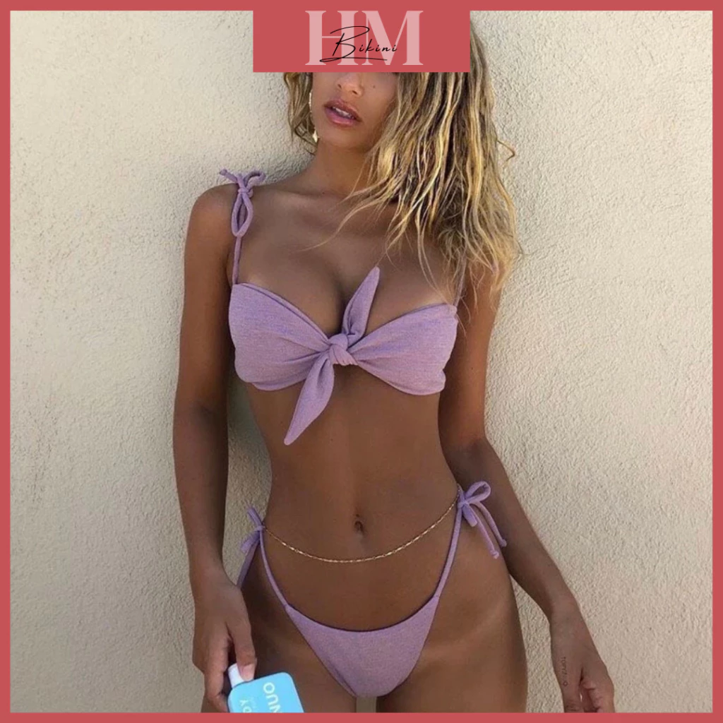 Bikini đồ bơi 2 mảnh  đi biển áo dây cột nơ màu tím mộng mơ.