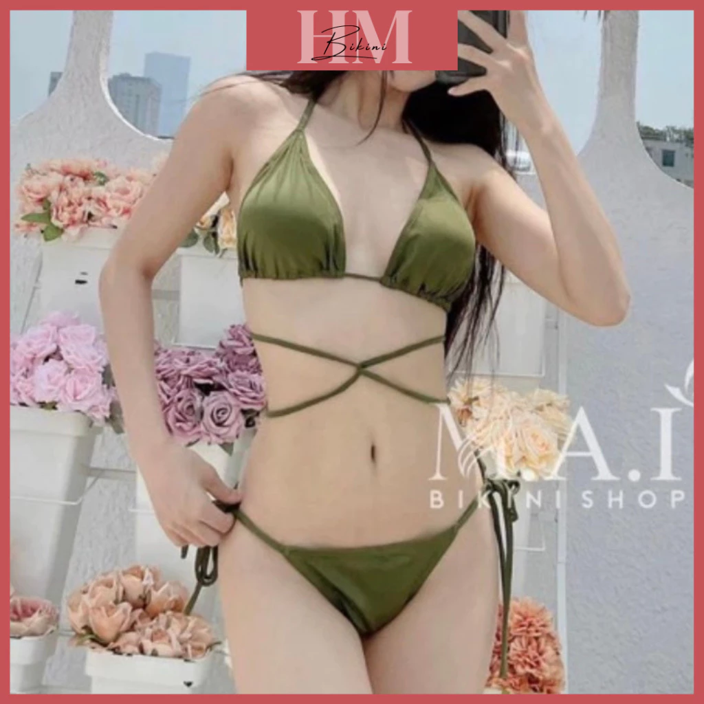 Bikini Đồ Bơi Đi Biển Tam Giác 2 Mảnh Basic Màu Xanh Rêu Cực Tôn Da - HM Bikini