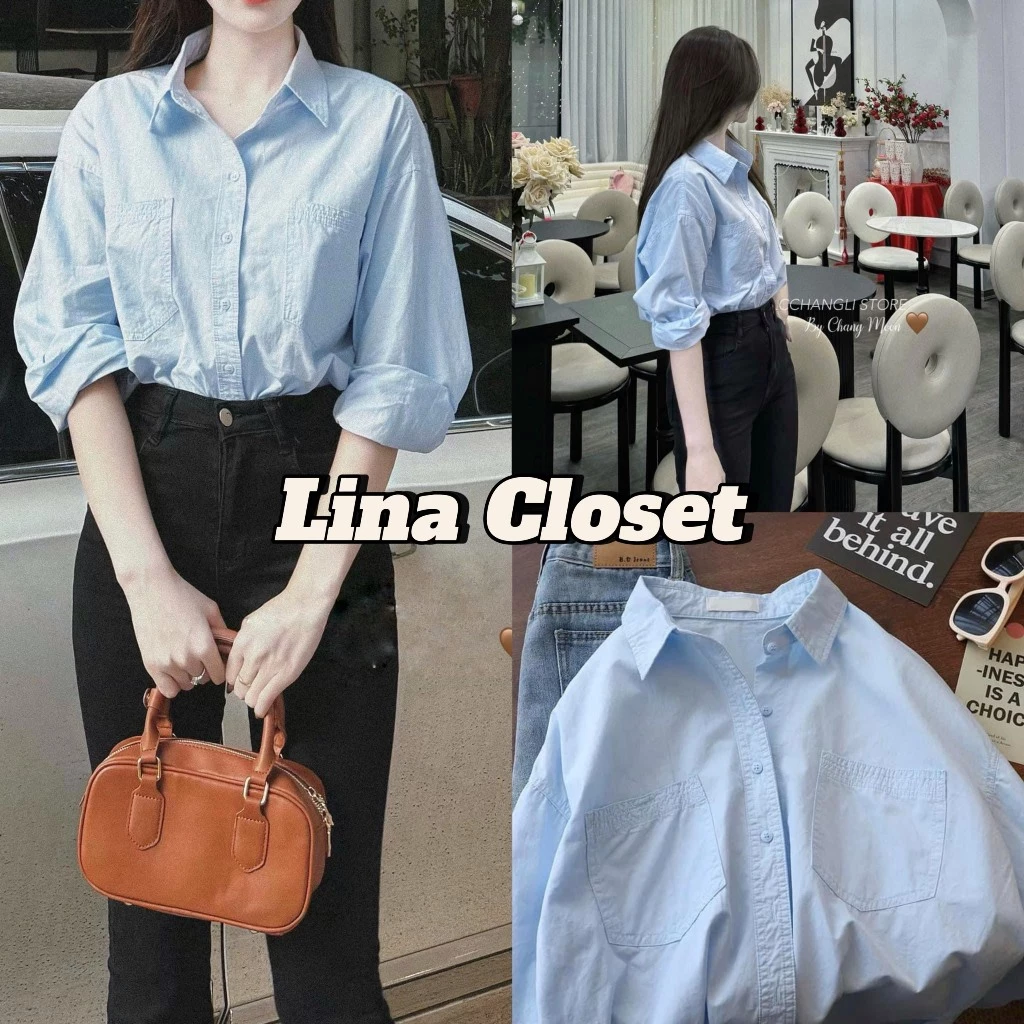 Áo sơ mi tay dài trơn basic chất thô mềm 2 túi ngực