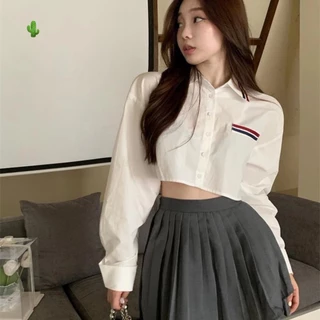 Áo sơ mi tay dài croptop phối túi trước sọc 2 màu đen đỏ cực xinh