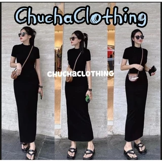 Đầm body nữ dáng dài tay ngắn cổ tròn cao 3 phân chất thun cotton 4 chiều, xẻ sau - Chuchaclothing