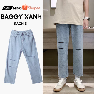 Quần baggy nam rách cá tính, quần jean ống rộng 3 đường rách phong cách boy phố