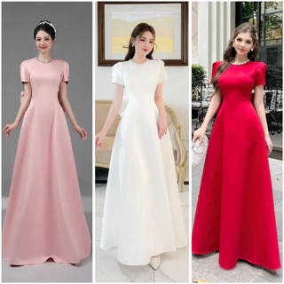 Váy Cưới Đi Bàn Cô Dâu Cổ Tròn Kết Viền Đá Nơ Lưng Dự Tiệc Chất Taffa Size S M L V464 AĐ BOUTIQUE