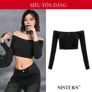 Áo croptop trễ vai tay dài nữ SISTERS đen ôm body thun gân co giãn basic logo Loli SIS-CLUB | SS-T28