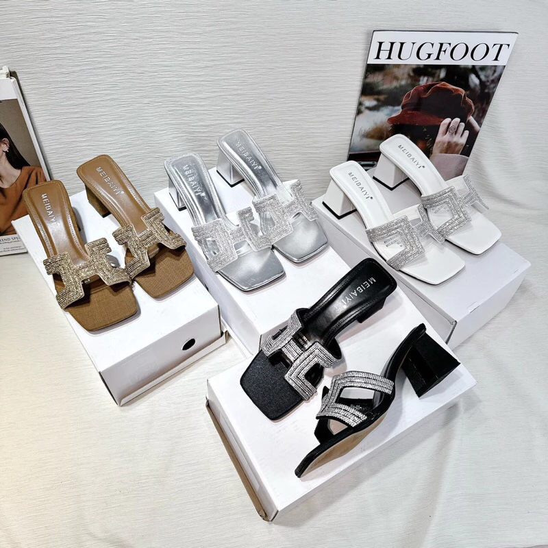 Guốc chữ H đính đá  5 phân gót vuông cao cấp HH140 (có video thật) phom 1,5