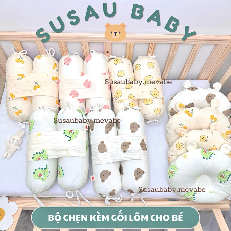 Bộ chặn kèm gối lõm bông xô Muslin Oganic vải mềm mại thoáng mát