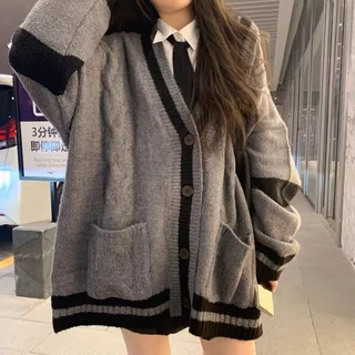 Áo Khoác Cardigan Len Nữ Phối Màu Xám Đen Phong Cách Hàn Quốc Trẻ Trung, Áo Khoác Nữ Form Rông Chất Liệu Len Cao Cấp 202