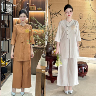 Pháp phục đi chùa, bộ đồ đi lễ chất liệu linen dáng vạt hò thêu hoa sen cao cấp -  Pháp Phục Mộc Lâm - PP43