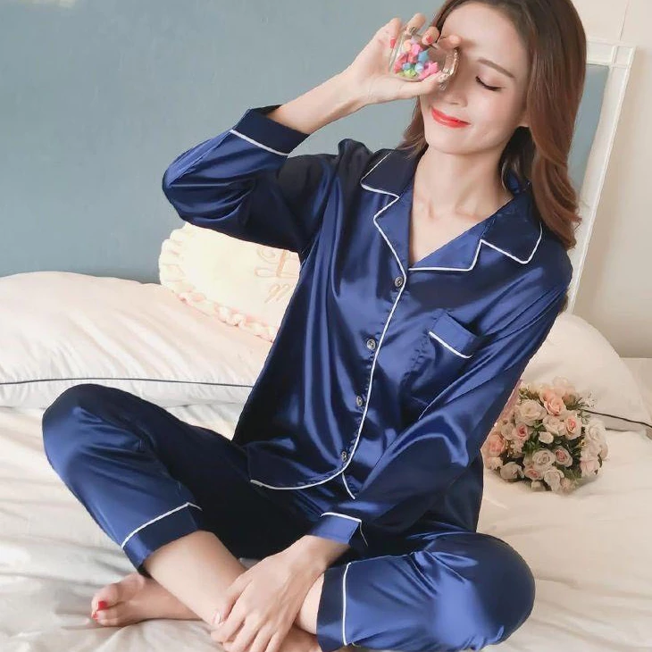 Bộ Đồ Ngủ Tay Dài Lụa Trơn Phù Hợp Được Cả Nam Và Nữ Mặc Nhà Hay Đi Dạo Đều Đẹp #XuongMayPhươngTrầ TR3
