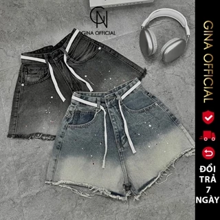 Quần Short Đùi Jeans Bò rách nữ Cạp Cao Ống Rộng Avocado chất jean, Quần Bò ngắn lưng cao Nữ Rách Nhẹ Xanh đen Chấm Sơn