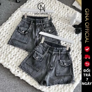 Quần Short Đùi Jeans Bò rách nữ Cạp Cao Ống Rộng Avocado chất jean, Quần Bò ngắn lưng cao Nữ Xám Bạc Túi Hộp