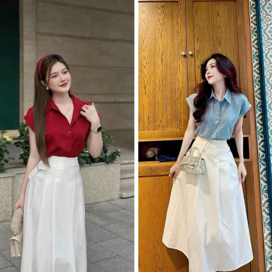 Sét Đồ Dự Tiệc Nữ, áo cổ bẻ kem chân váy cotton lạnh có lót siêu xinh