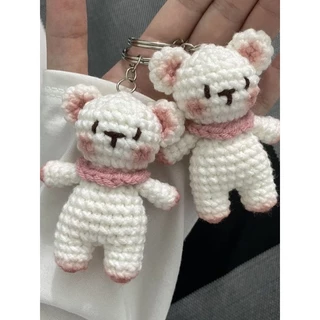 Móc khoá gấu trắng khăn hồng/ gấu đen nơ trắng cute handmade bằng len