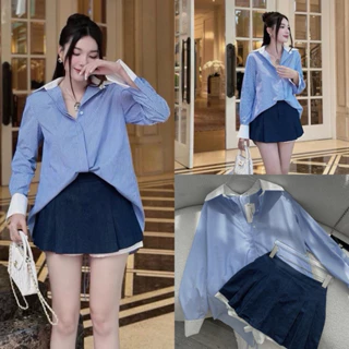 SẴN - HOẢ TỐC - Hình Chụp Thật (Sau) - Sét Áo Sơ Mi Dây Rút Lưng Phối Cv Denim Xếp Ly Chất Siêu Đẹp