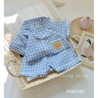 Bộ Quần Áo Pijama Kẻ Gấu Chất Đũi Xốp Mềm Đẹp Cho Bé Trai Bé Gái Từ 8-18kg