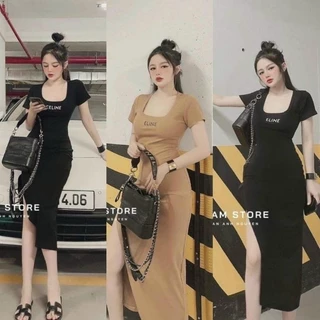 Đầm Thêu Chữ Tay Ngắn Cổ Vuông - Dài Midi Xẻ Tà Ôm Body Sexy - Tiểu Thư Bánh Bèo Cute Sang Chảnh Dạo Phố Đi Chơi Tiệc