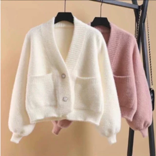 Áo Cardigan len lông thỏ phối cúc ngọc tay bồng xinh xắn