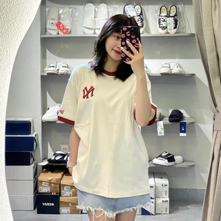 Áo Thun MLB Phối Viền Tay Logo Thêu Xù Nổi Đơn Giản Form Unisex Nam Nữ - Vải 100% Cotton 2 chiều đầy đủ tem tag