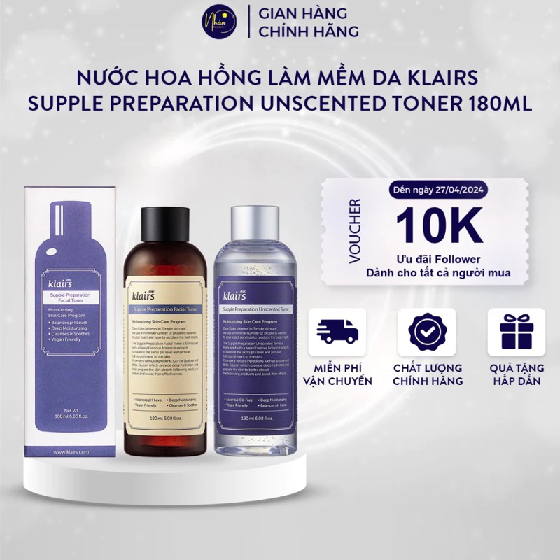 (Hàng CTy ) Nước Hoa Hồng Klairs Không Mùi Cho Da Nhạy Cảm 180ml Supple Preparation Unscented Toner -  Cấp Ẩm Cho Làn Da