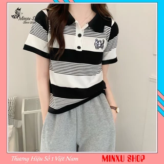 Áo Len Montoghi Kẻ Cộc Tay, Áo Polo Thêu MÈO Minxu Shop PG79