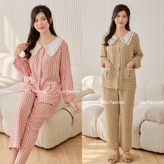 Đồ bộ pijama nhà Lila dài tay áo quần có túi kẻ caro cao cấp mềm mịn, mát khi mặc