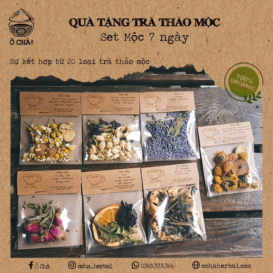 Ô CHÀ - SET TRÀ MỘC 7 NGÀY mix từ 20 loại trà - Trà mang đi Du Lịch - Quà Tặng -Thanh lọc cơ thể - Trà Thảo Mộc