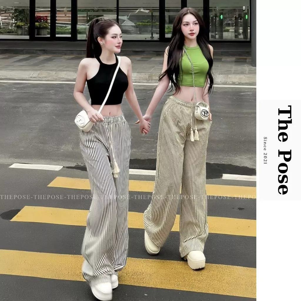 Set Áo Ba Lỗ Sát Nách Áo Yếm Croptop Phối Quần Suông Ống Rộng Sọc Hottrend Siêu Hách Dáng 3 Màu Freesize - THEPOSE