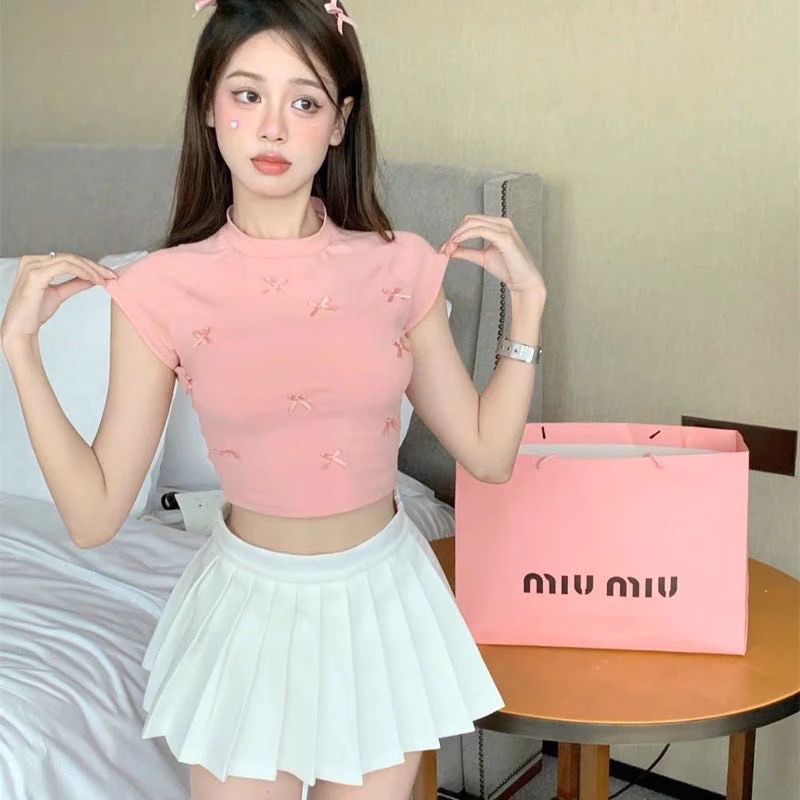 [NEW]ÁO THUN BABY TEA CỔ TRÒN ĐÍNH NƠ DÁNG CROPTOP SIÊU XINH