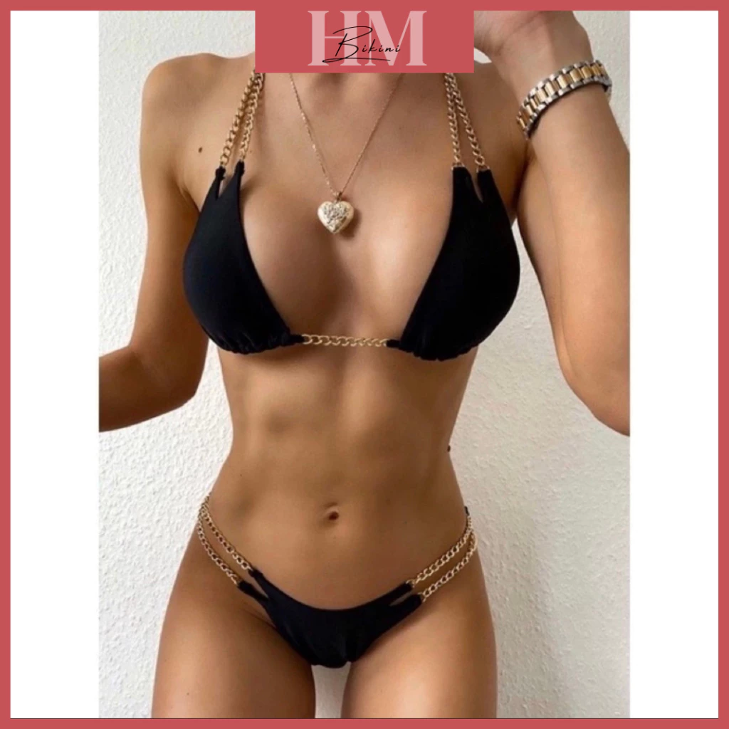 Bikini Đồ Bơi Đi Biển Hai Mảnh Tam Giác Hàng Quảng Châu Cao Cấp Phối Dây Xích Chữ V Full Màu [Ảnh Thật]