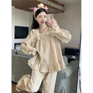 Bộ Pijama Cotton dài tay cổ nơ , kẻ phối ren tiểu thư hàng QCCC