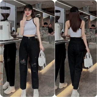 3337- Quần baggy jean đen rách gối cạp cao tôn dáng