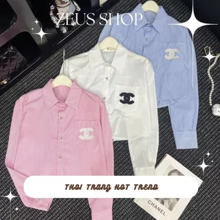 Áo Sơ Mi Thô Thêu  Channel Dáng Croptop Nữ Siêu Đẹp, Áo sơ mi Croptop kẻ sọc phong cách tiểu thư dễ thương