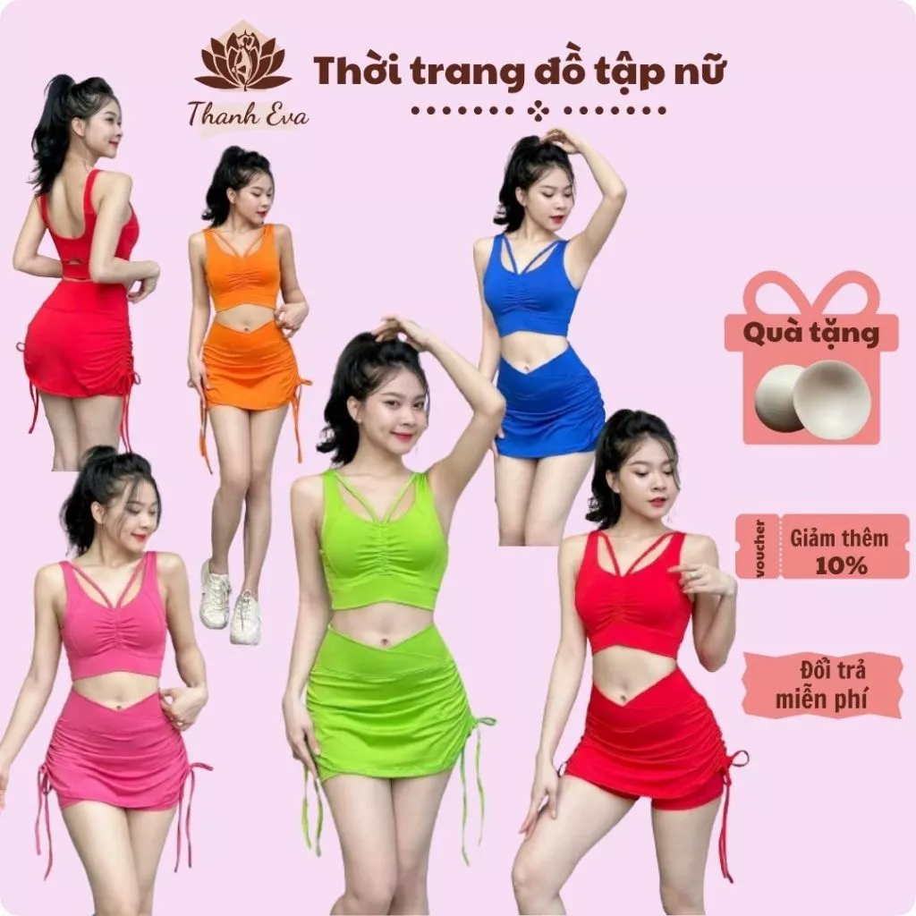 Bộ thể thao tập gym, bộ tập erobic, zumba, shuffer dance váy áo rút dây cạp chéo chất thun poly co giãn đa chiều