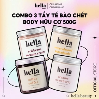 (COMBO 3) Tẩy tế bào chết body hữu cơ 500g Hella Beauty Giúp Dưỡng Trắng Da Toàn Thân, Giảm Mụn Mờ Thâm