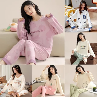 Bộ đồ ngủ nữ chất cotton cao cấp không xù lông Pijama dài tay cho mùa thu đông họa tiết dễ thương