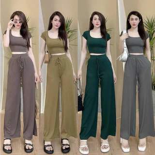 Đồ bộ nữ, đồ bộ quần ống rộng đai cao có túi và áo ngắn tay cổ vuông vải thun cotton gân tăm, đồ mặc nhà