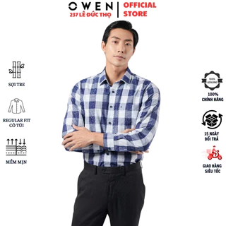 Áo sơ mi nam OWEN AR220801DT somi dài tay công sở kẻ caro lớn xanh trắng regular fit tà lượn có túi chất sợi tre cao cấp